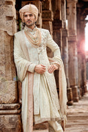 Classic Cream Hand-Embroidered Silk Sherwani Set