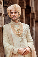 Classic Cream Hand-Embroidered Silk Sherwani SetAM
