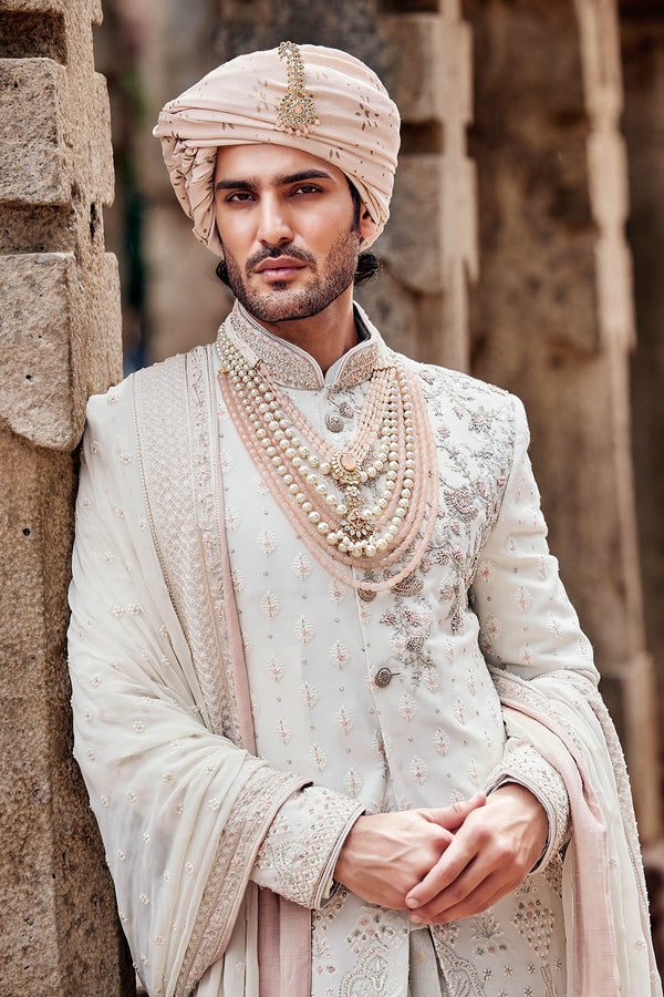 Classic Cream Hand-Embroidered Silk Sherwani Set