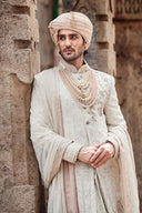 Classic Cream Hand-Embroidered Silk Sherwani Set