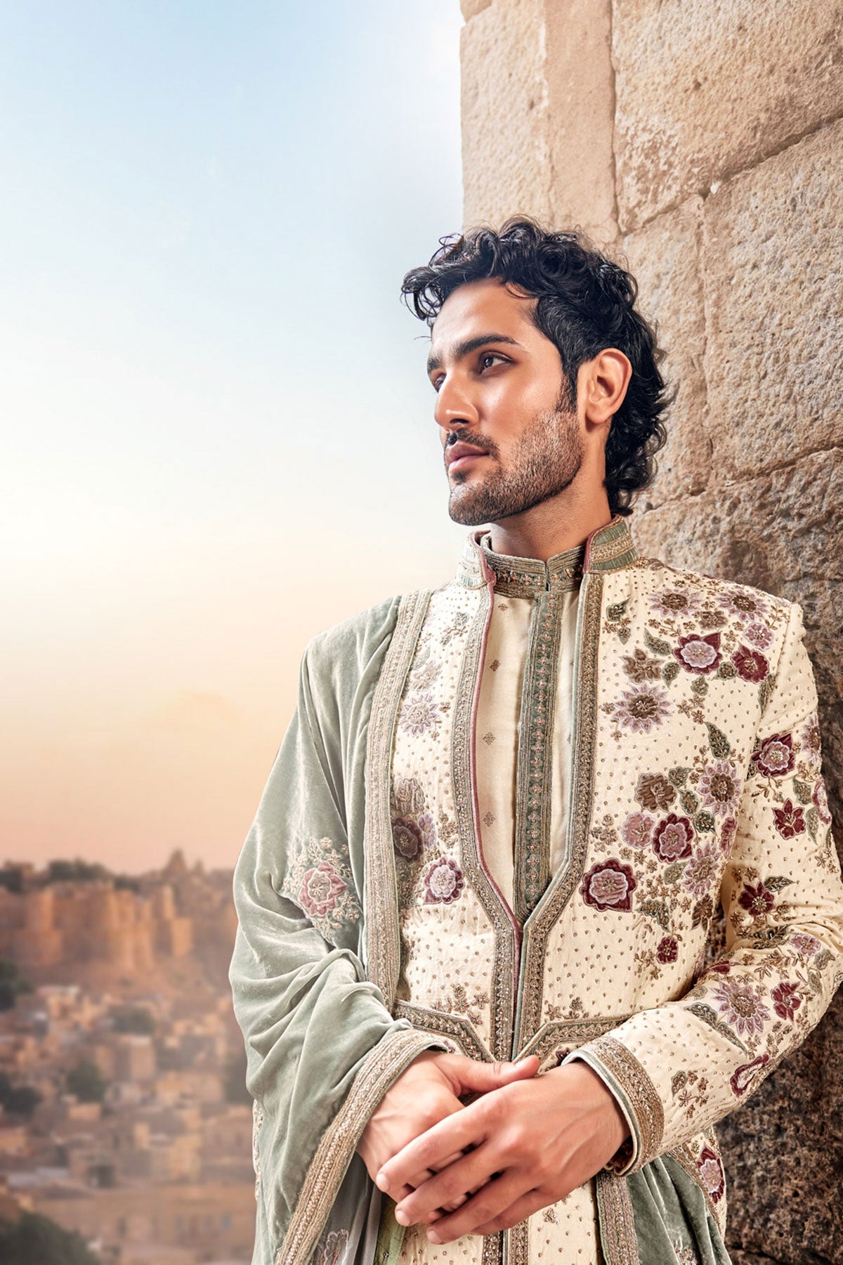 Regal Cream Hand-Embroidered Silk Sherwani Set with Velvet Dupatta