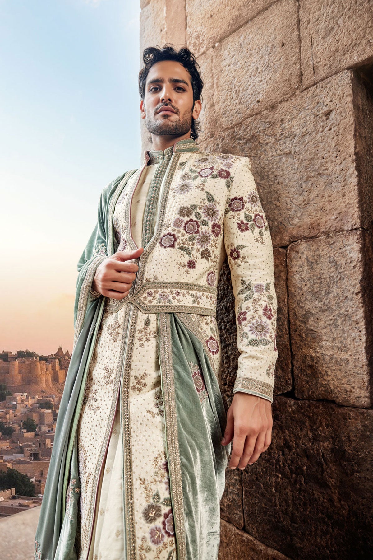 Regal Cream Hand-Embroidered Silk Sherwani Set with Velvet Dupatta
