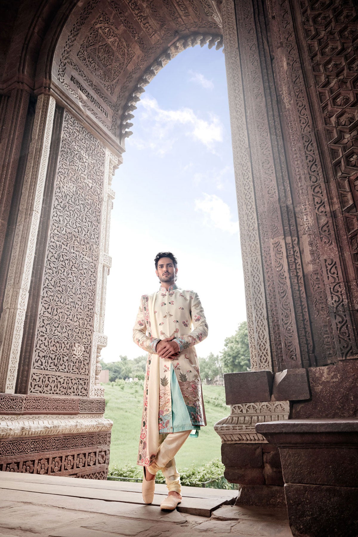 Off-White Hand-Embroidered Silk Sherwani Set