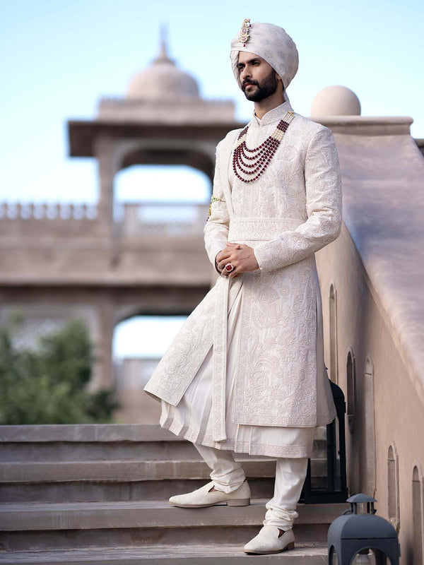 Alluring Beige Embroidered Silk Sherwani For Groom