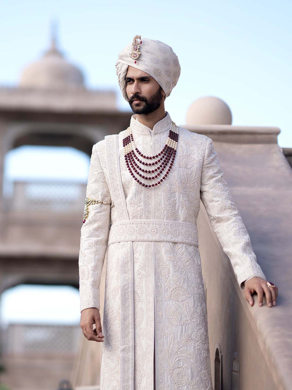 Alluring Beige Embroidered Silk Sherwani For Groom