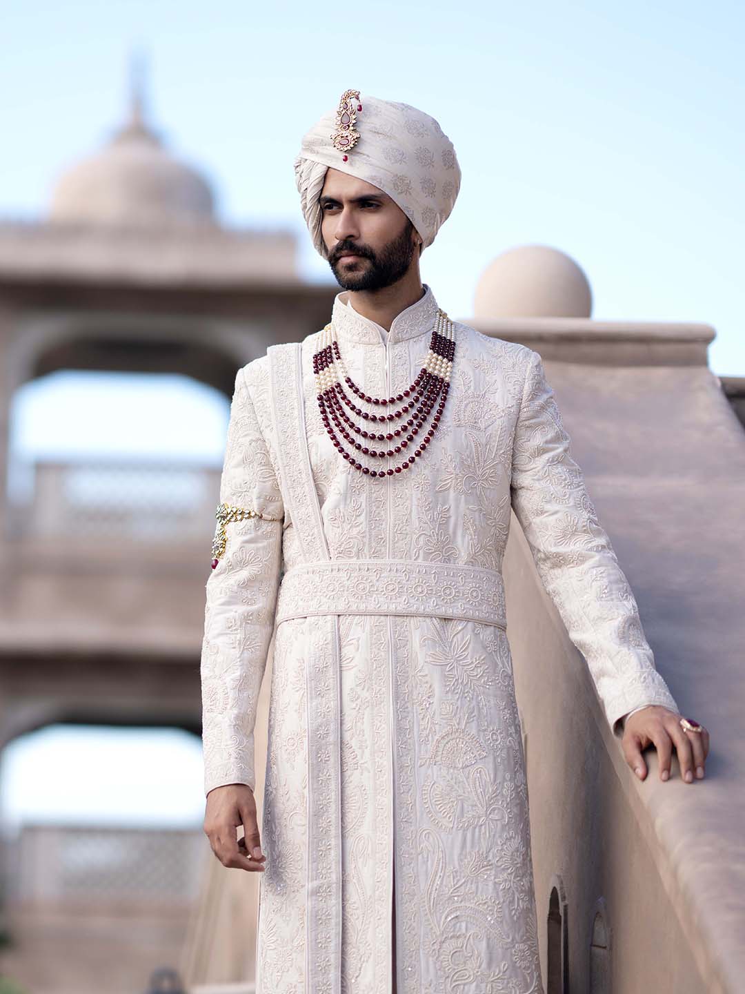 Alluring Beige Embroidered Silk Sherwani For Groom