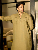 Olive Linen Kurta with Aligarhi Pants with Two Pockets