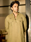 Men wearing olive linen kurta with Aligarhi pants featuring a mandarin collar and full sleeves