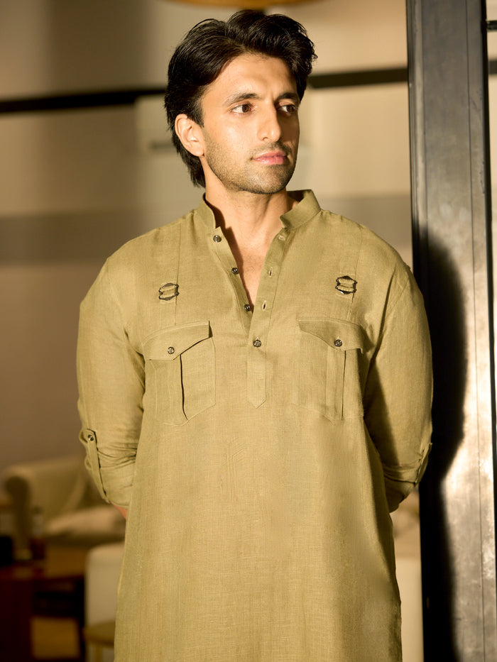 Men wearing olive linen kurta with Aligarhi pants featuring a mandarin collar and full sleeves