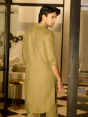 Olive Linen Kurta with Aligarhi Pants with Two Pockets