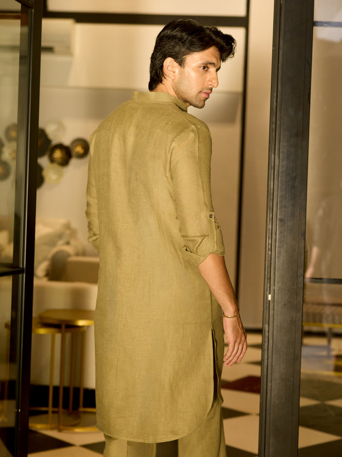 Olive Linen Kurta with Aligarhi Pants with Two Pockets - KORANM