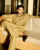 Olive Linen Kurta with Aligarhi Pants with Two Pockets