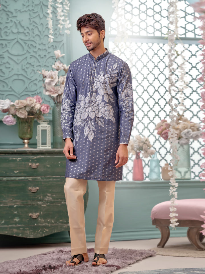 Grey Kurta With Floral Print and Aligadi Pant