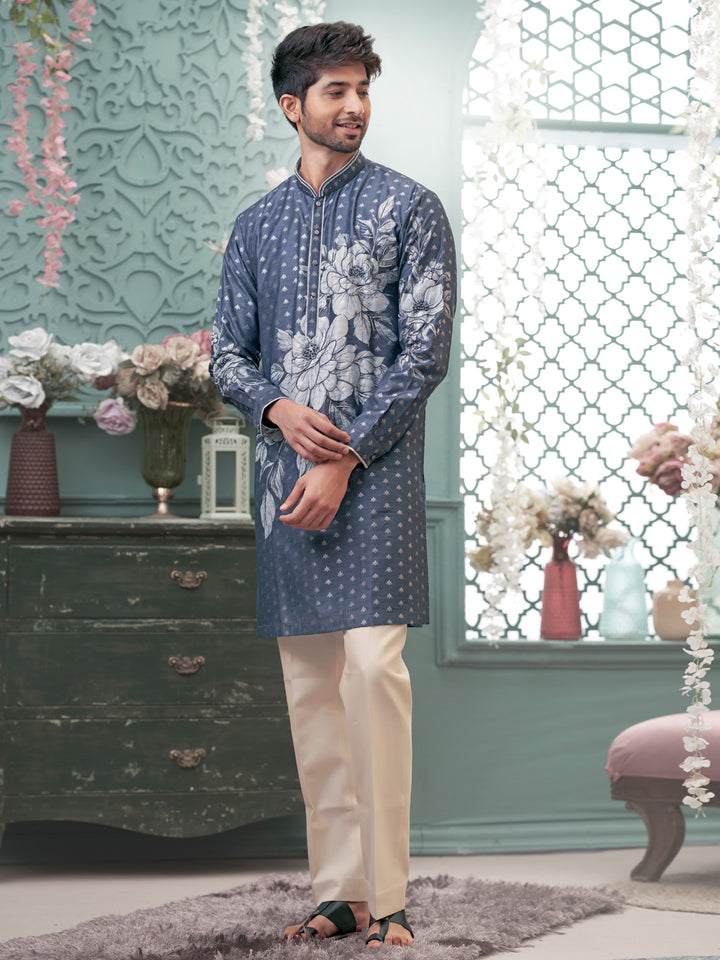 Grey Kurta With Floral Print and Aligadi Pant