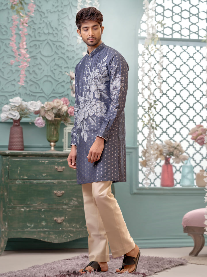 Grey Kurta With Floral Print and Aligadi Pant