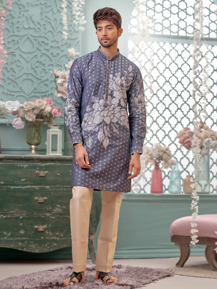 Grey Kurta With Floral Print and Aligadi Pant