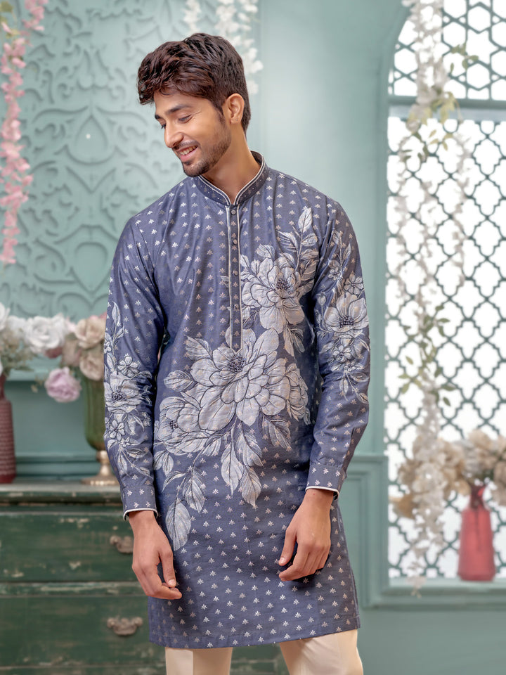 Grey Kurta With Floral Print and Aligadi Pant