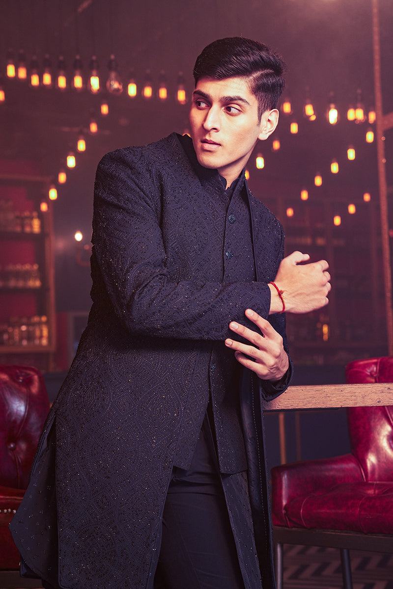 Cosmic Navy Blue Embellished Layered Cocktail Sherwani Set