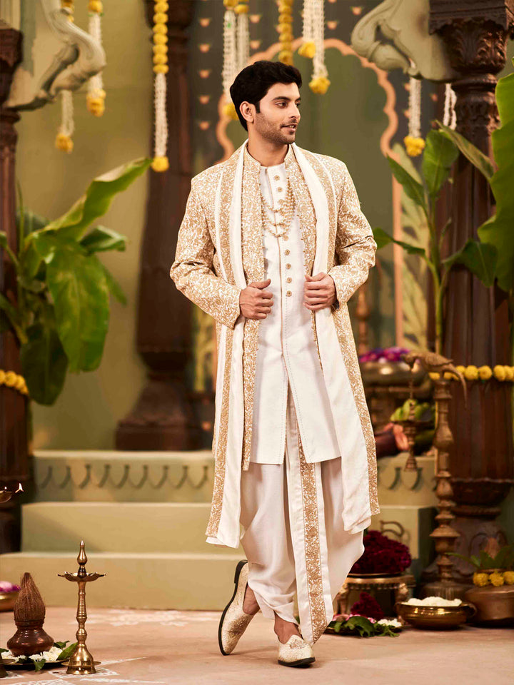 Muhurtham set with embroidery work on Alika, Kurta, Dupatta, and Dhoti