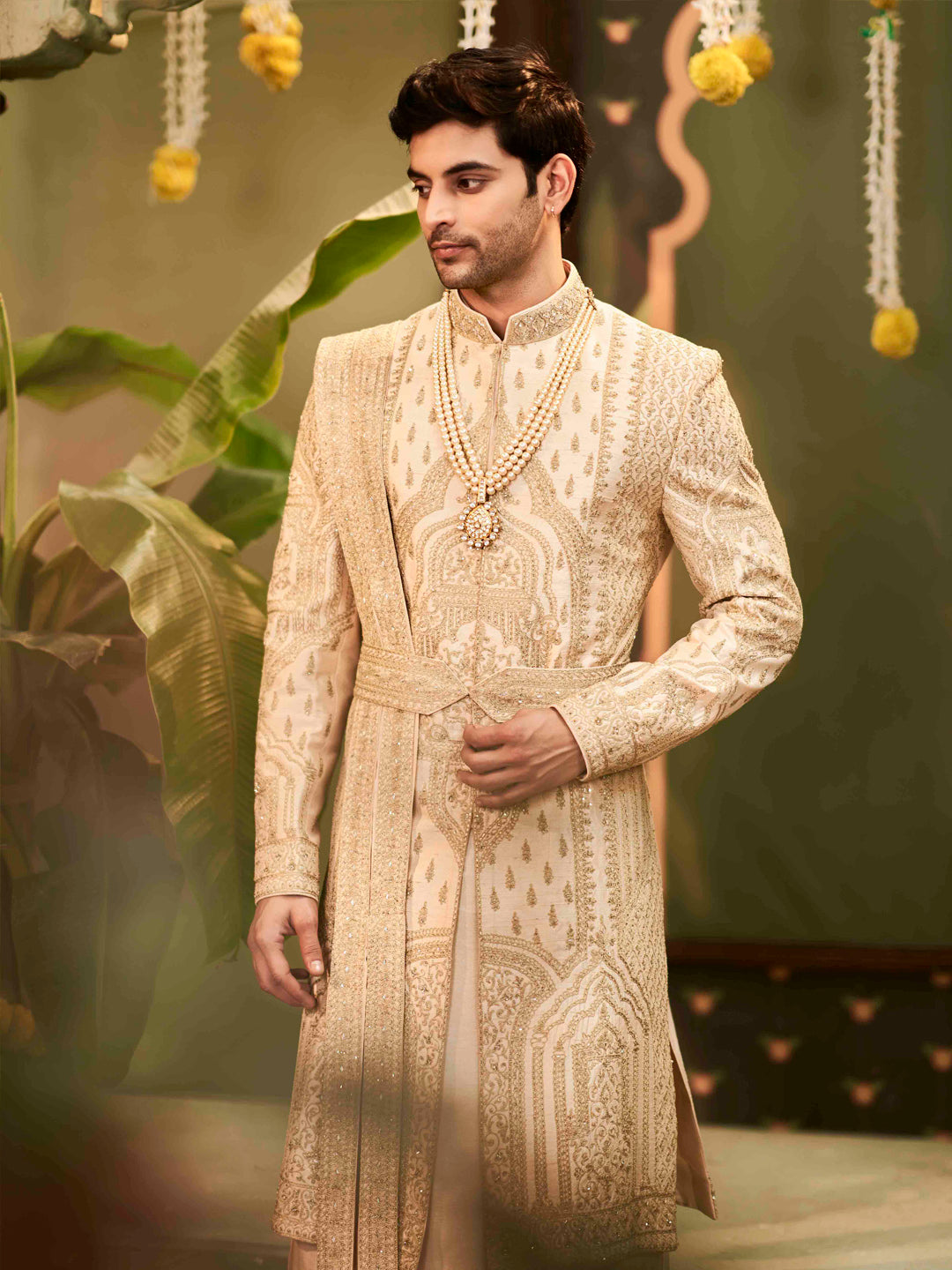 Muhurtham set with embroidery Kurta, sherwani, dupatta, dhoti, and kamarband.