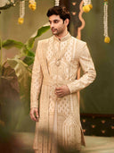 Muhurtham set with embroidery Kurta, sherwani, dupatta, dhoti, and kamarband. - KORANM