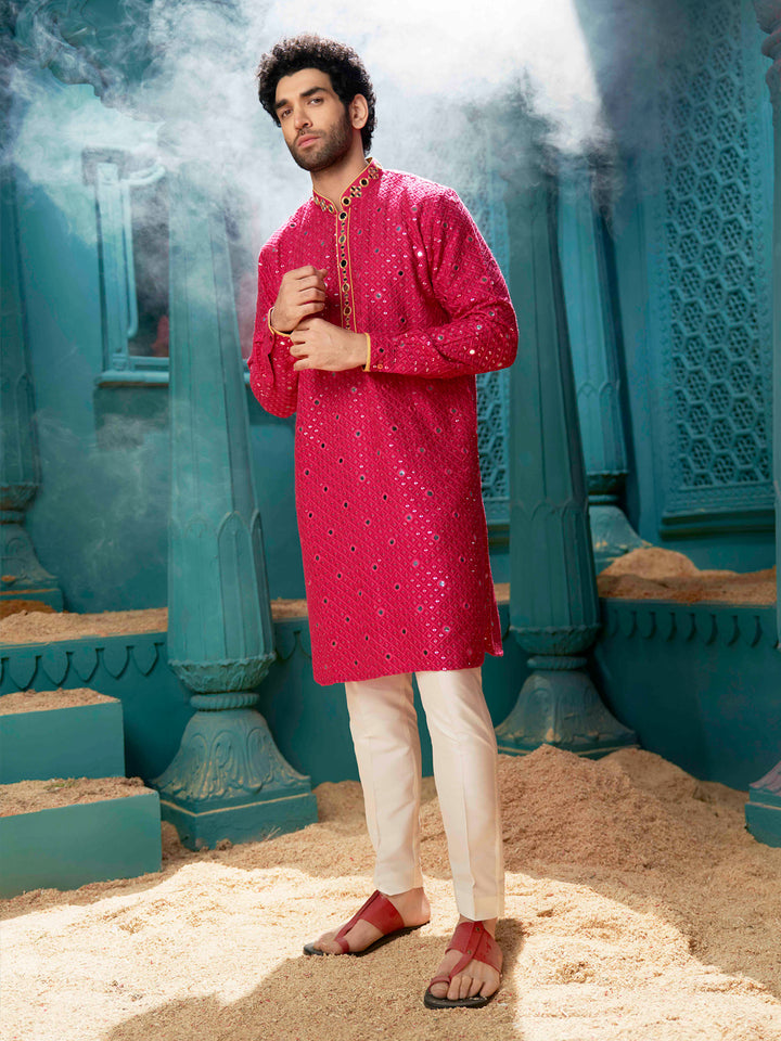 A Pink mirror effect kurta with yellow detailing