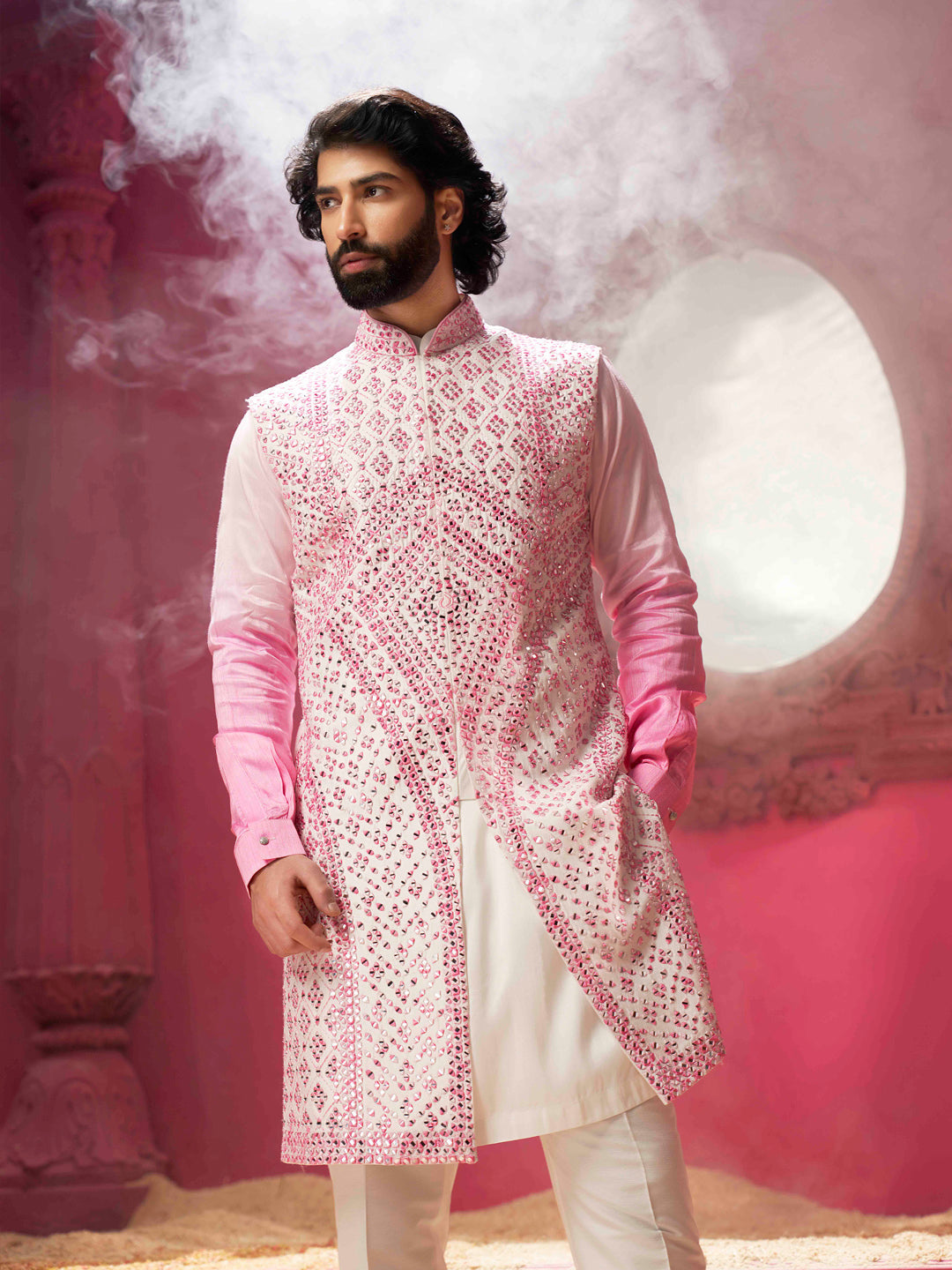 Ivory And Pink Indo-Western Kurta Set
