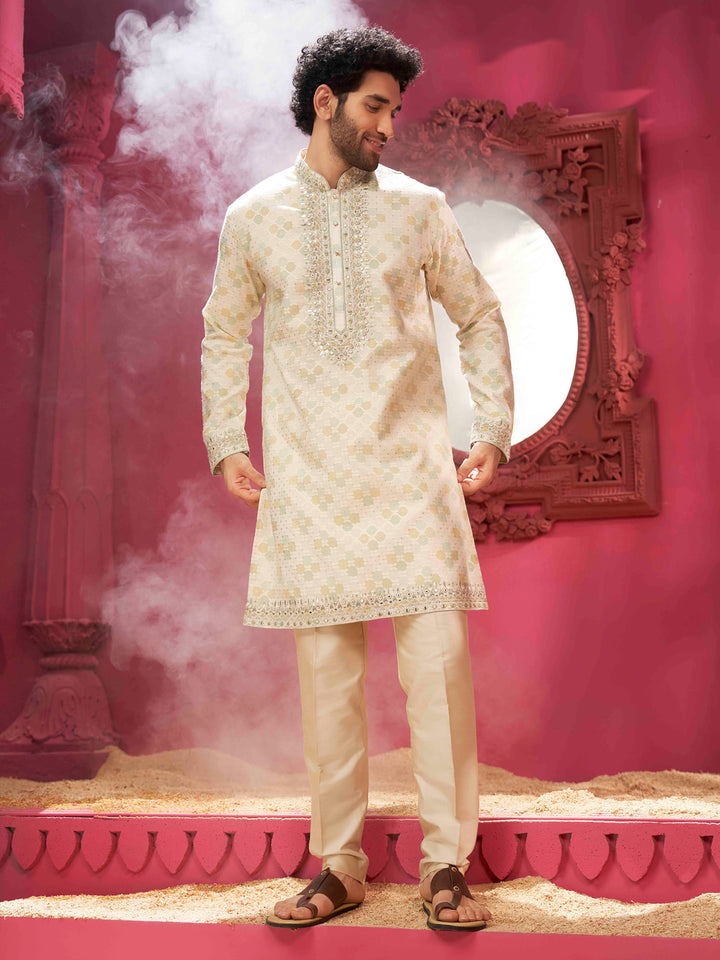 Cream Aqua Kurta With mirror work set