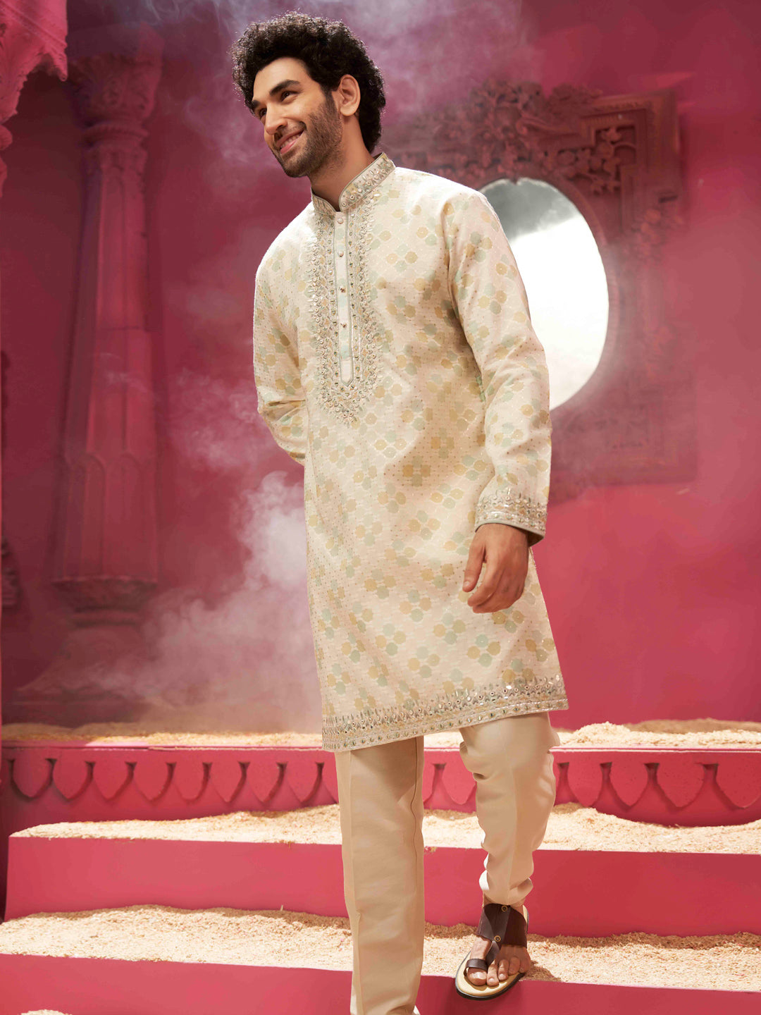 Cream Aqua Kurta With mirror work set