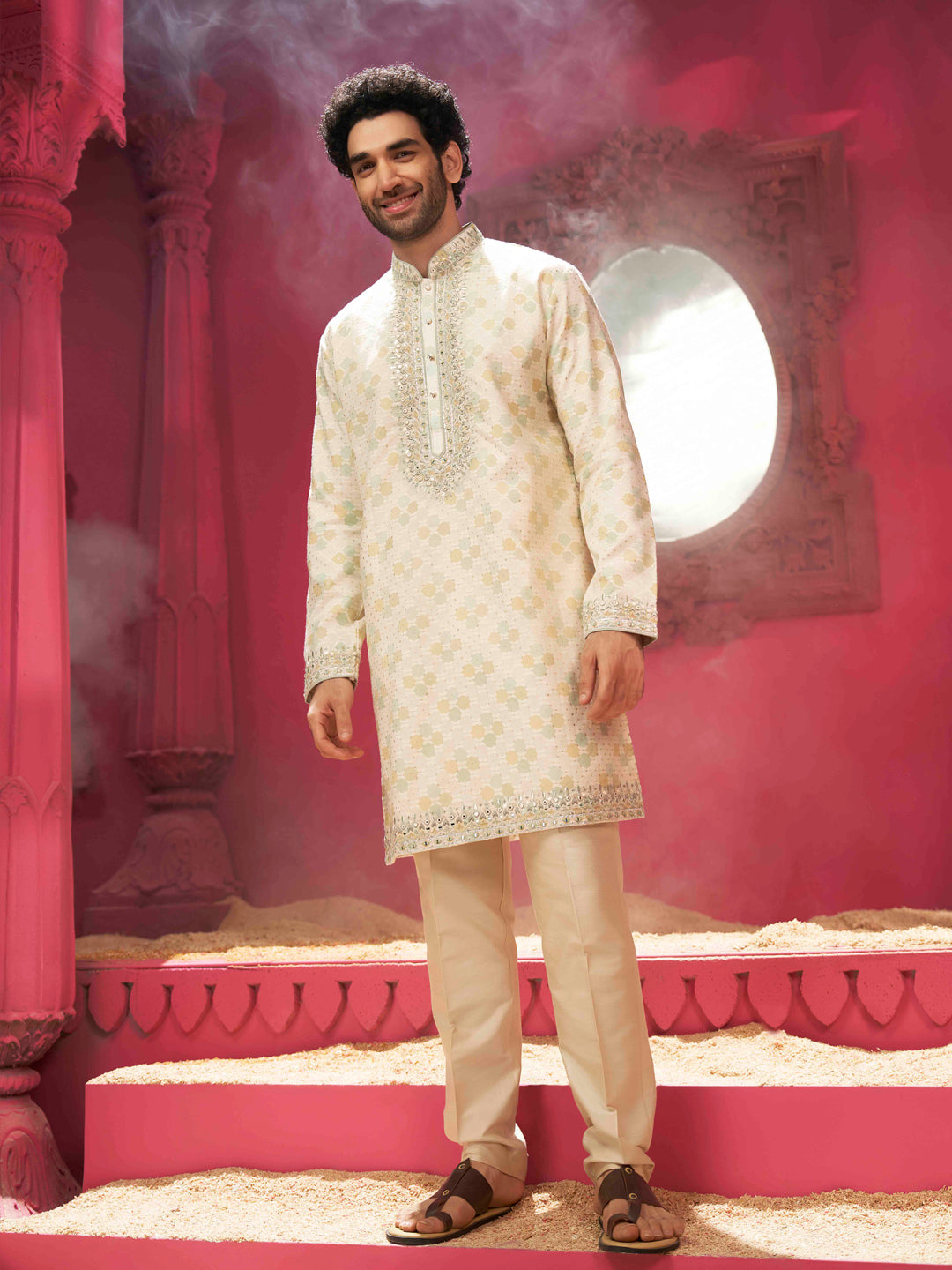 Cream Aqua Kurta With mirror work set