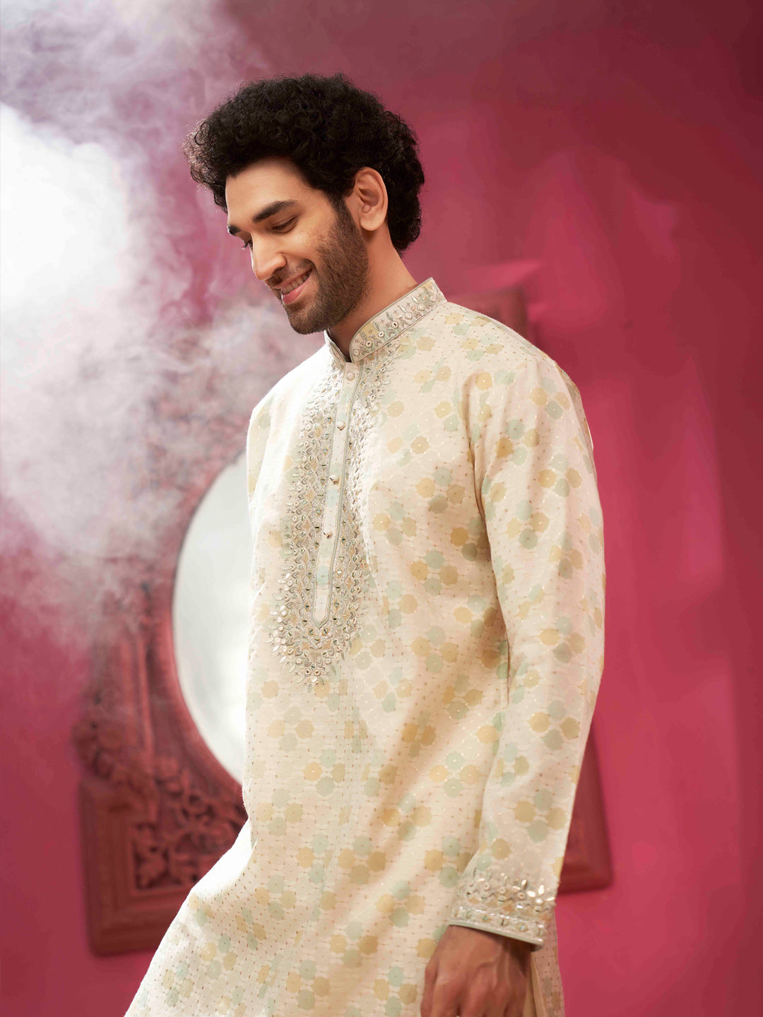 Cream Aqua Kurta With mirror work set