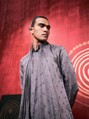 Grey Kurta Set With Attached Dupatta and Aligarhi Pants