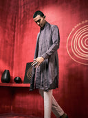 Grey Kurta Set With Attached Dupatta and Aligarhi Pants