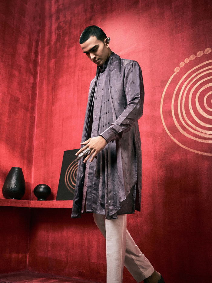 Grey Kurta Set With Attached Dupatta and Aligarhi Pants