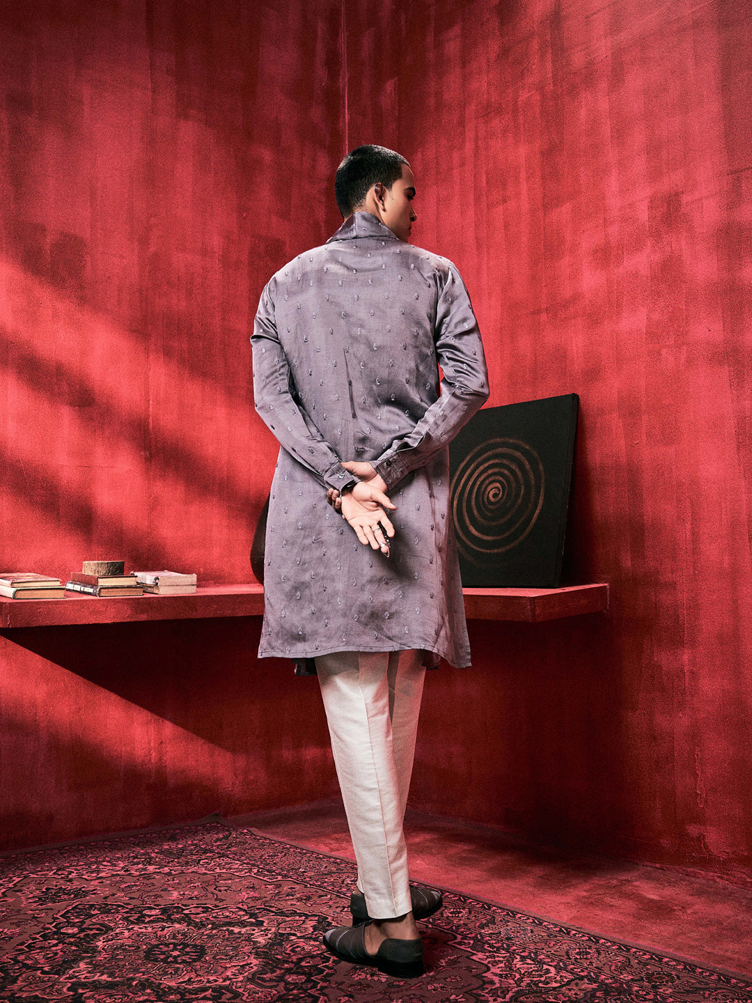 Grey Kurta Set With Attached Dupatta and Aligarhi Pants