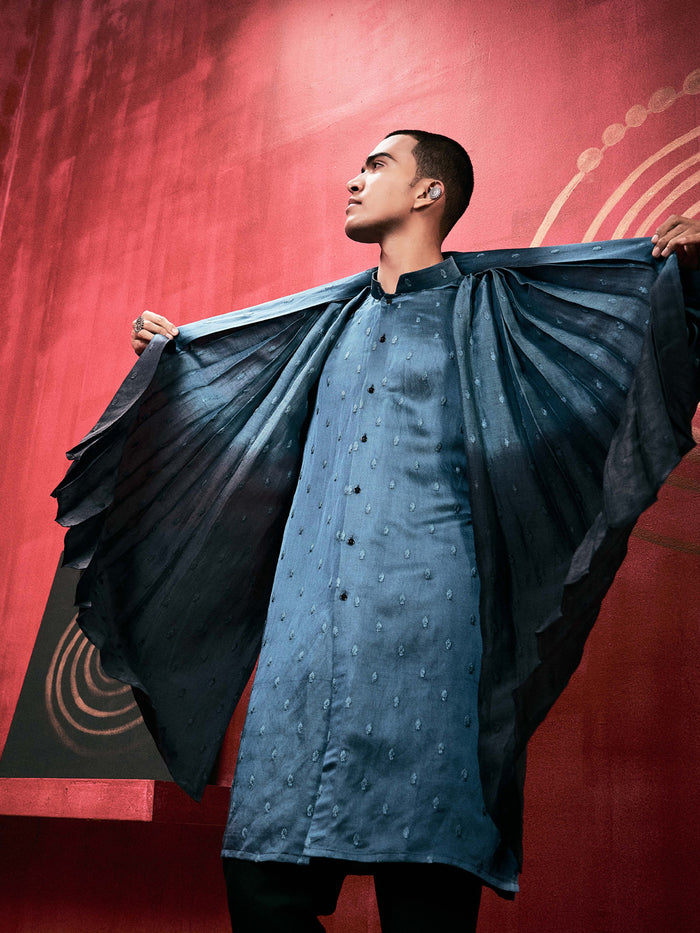 Feal Blue-Black Ombre Kurta Set With Attached Dupatta and Aligadi Pants