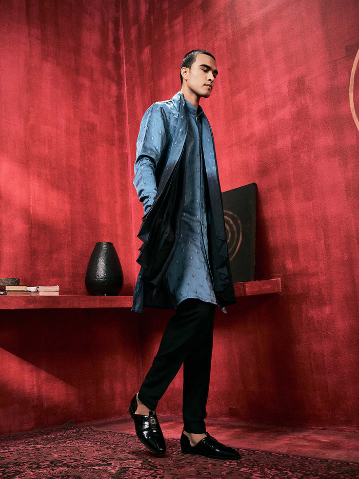 Feal Blue-Black Ombre Kurta Set With Attached Dupatta and Aligadi Pants