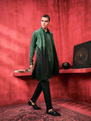 Green-Black Ombre Kurta Set With Attached Dupatta and Aligadi Pants