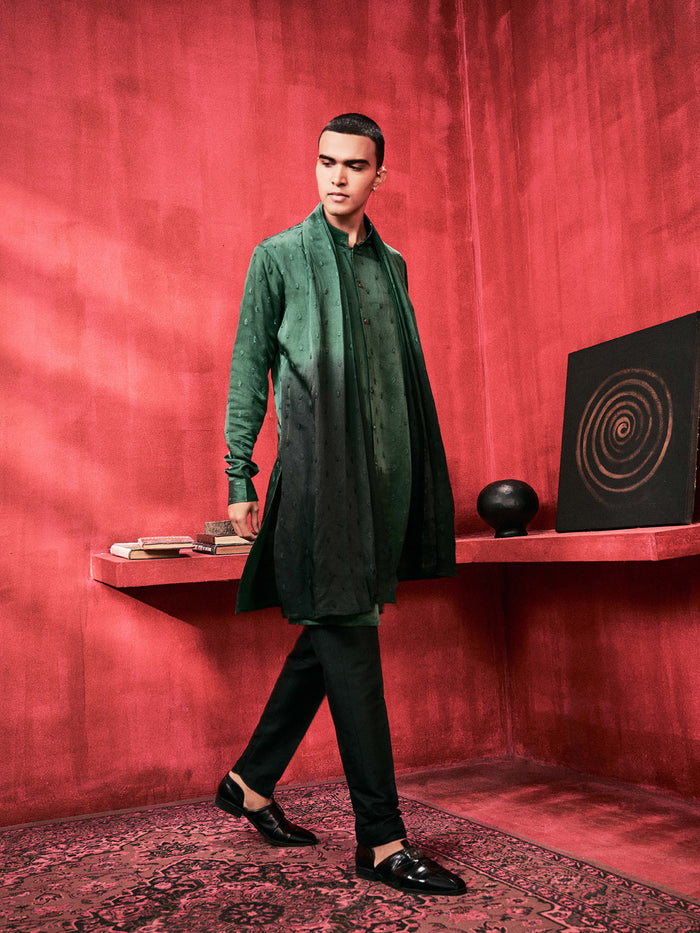 Green-Black Ombre Kurta Set With Attached Dupatta and Aligadi Pants