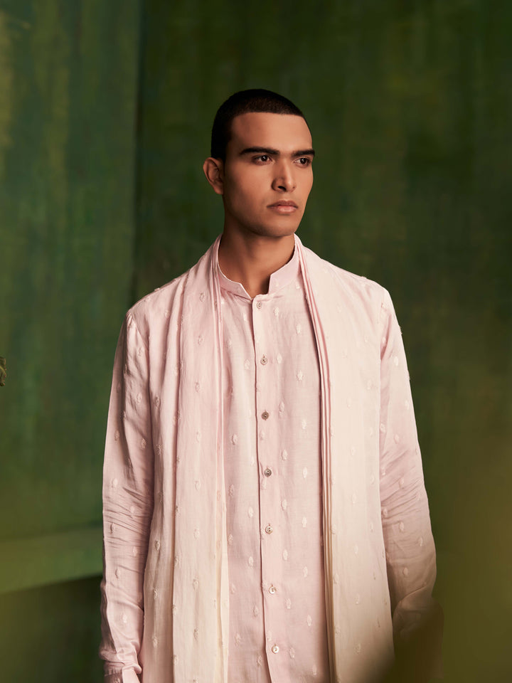 Baby Pink Kurta Set With Attached Dupatta and Aligadi Pants - KORANM