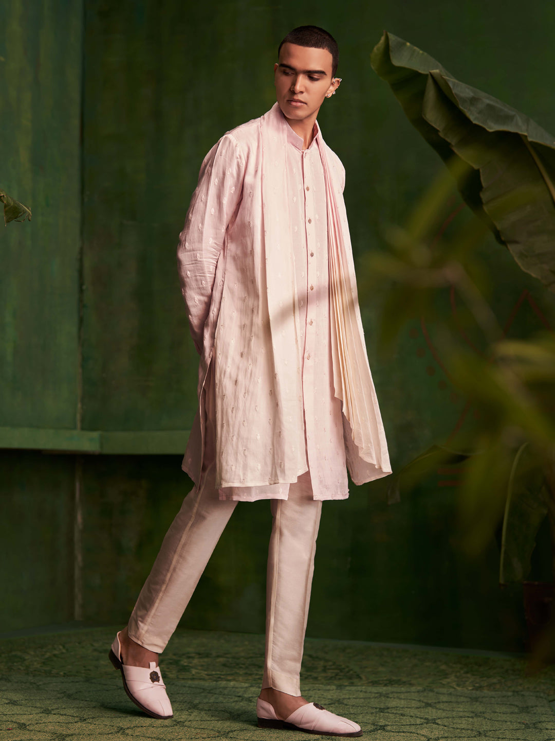 Baby Pink Kurta Set With Attached Dupatta and Aligadi Pants - KORANM