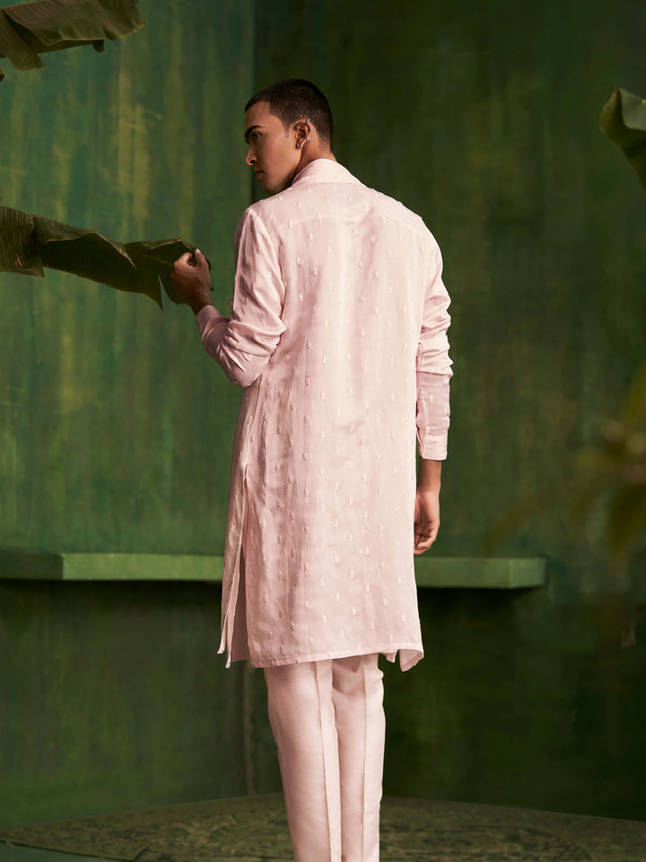 Baby Pink Kurta Set With Attached Dupatta and Aligadi Pants - KORANM
