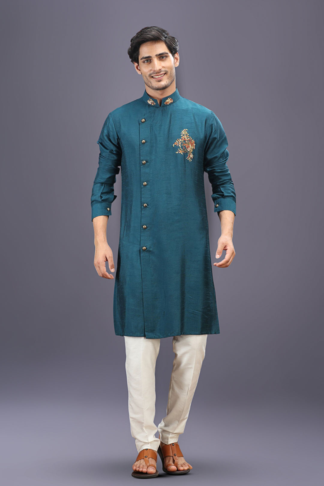 Rama Green Embroidered Kurta Set with Aligarhi Pants