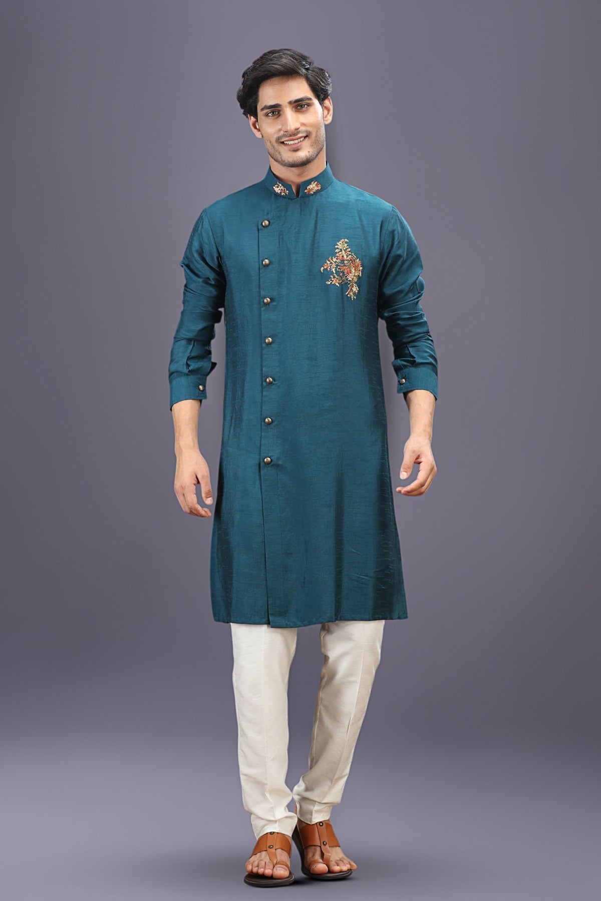 Rama Green Embroidered Kurta Set with Aligarhi Pants