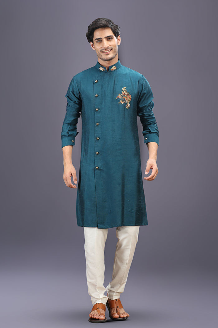 Rama Green Embroidered Kurta Set with Aligarhi Pants