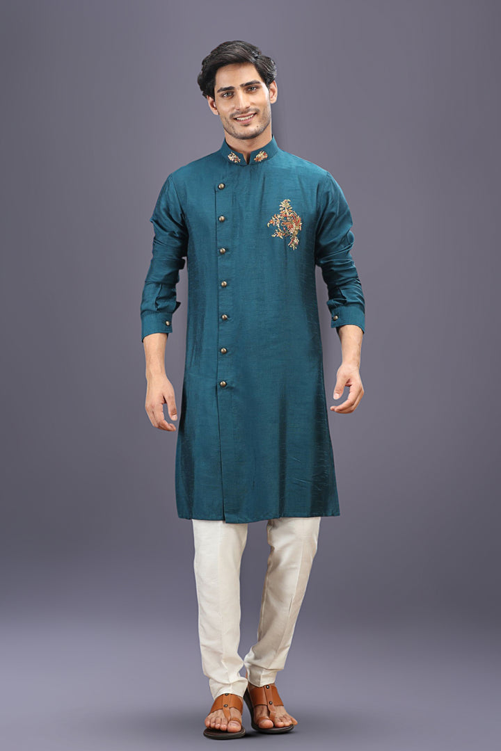 Rama Green Embroidered Kurta Set with Aligarhi Pants