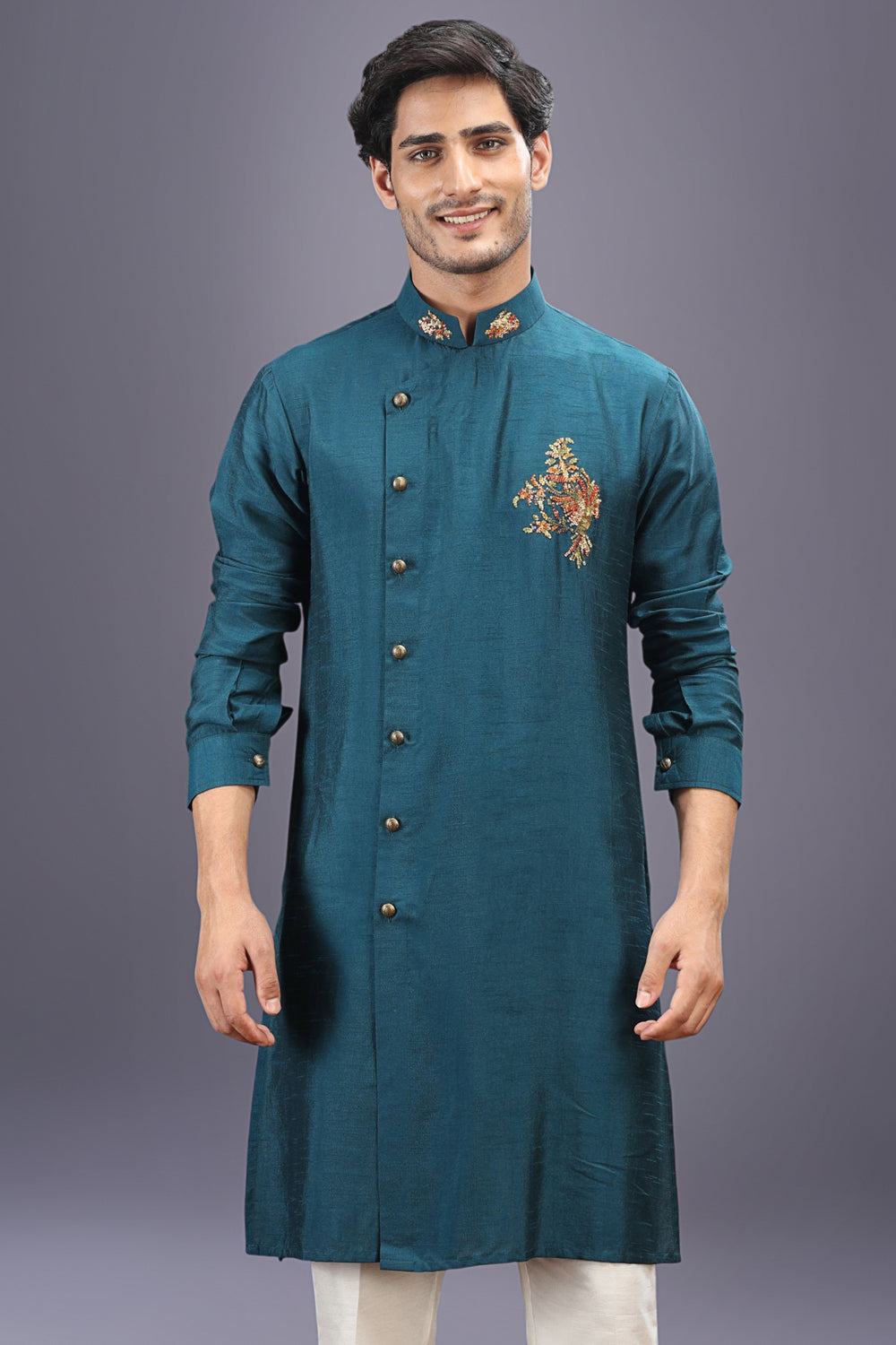 Rama Green Embroidered Kurta Set with Aligarhi Pants