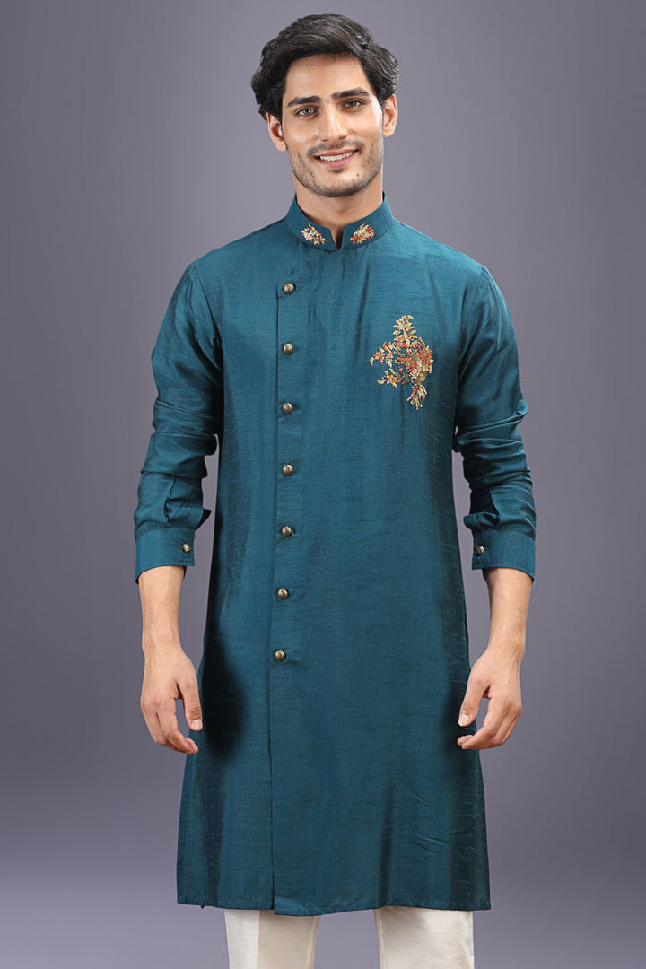 Rama Green Embroidered Kurta Set with Aligarhi Pants