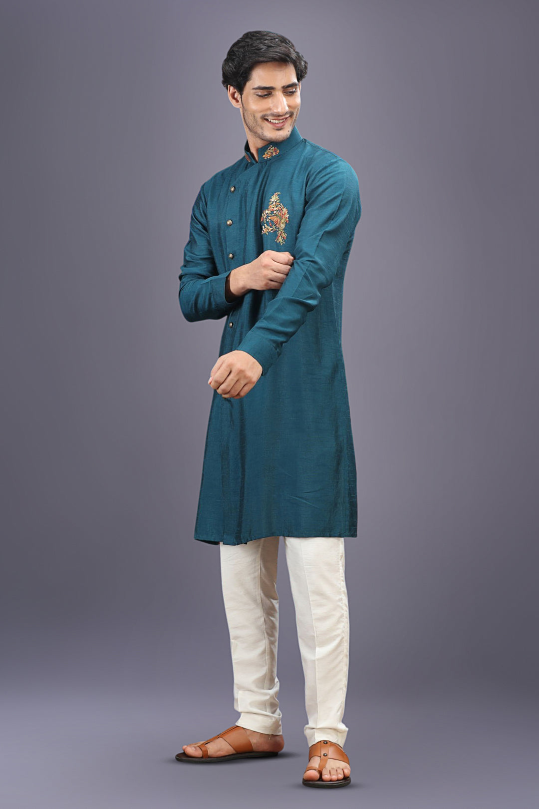 Rama Green Embroidered Kurta Set with Aligarhi Pants