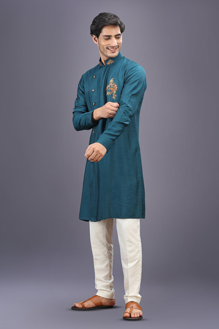 Rama Green Embroidered Kurta Set with Aligarhi Pants